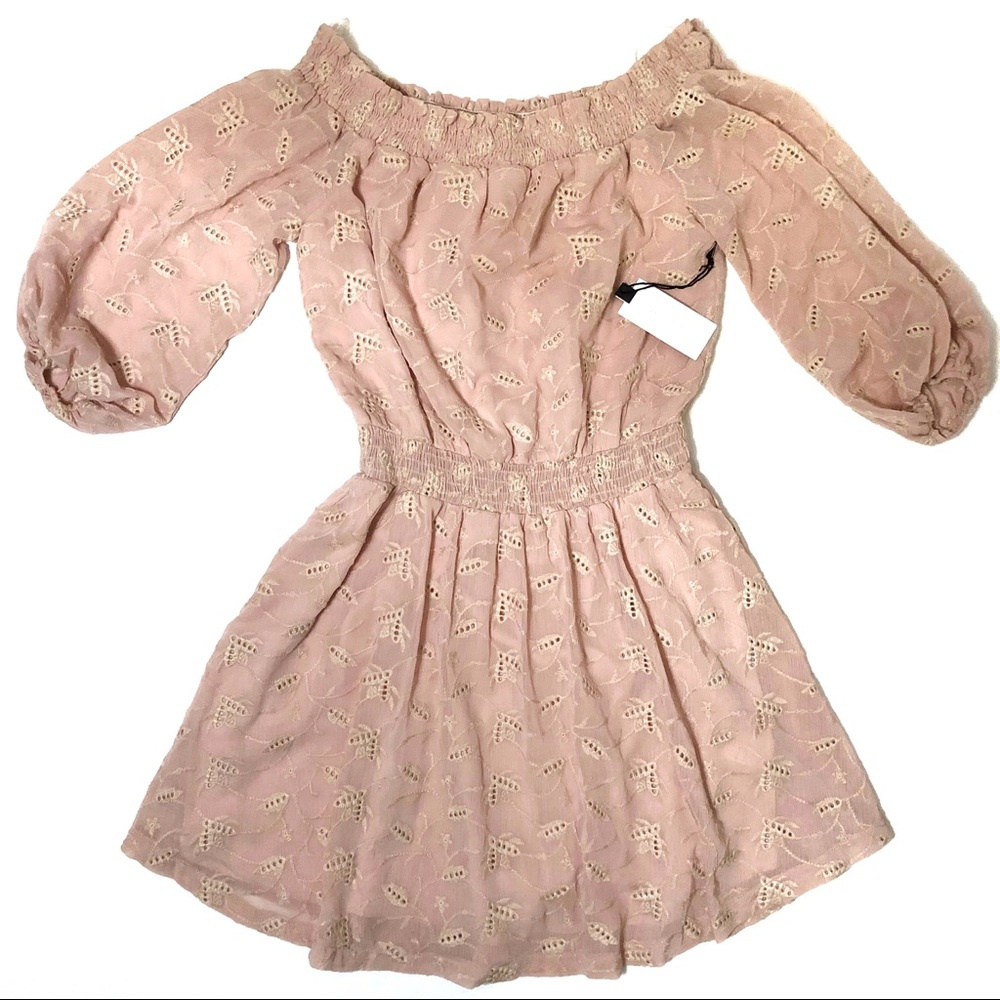 ASTR Eyelet Dress NWOT Embroidered Pink Cream Off Shoulder Small